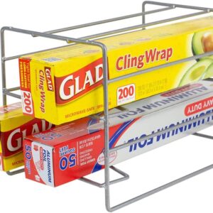 Home Basics W 3 Tier Heavy Duty Kitchen Countertop or Cabinet Organizer for Food Wrap, Foil, Wax Parchment Paper, Plastic Bags, Silver
