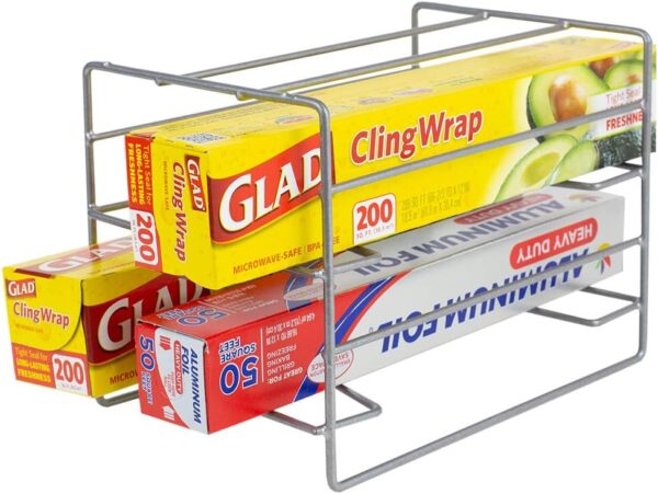 Home Basics W 3 Tier Heavy Duty Kitchen Countertop or Cabinet Organizer for Food Wrap, Foil, Wax Parchment Paper, Plastic Bags, Silver