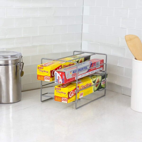 Home Basics W 3 Tier Heavy Duty Kitchen Countertop or Cabinet Organizer for Food Wrap, Foil, Wax Parchment Paper, Plastic Bags, Silver - Image 6