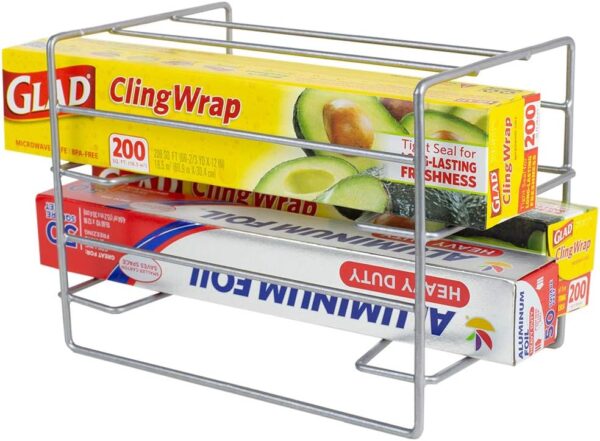 Home Basics W 3 Tier Heavy Duty Kitchen Countertop or Cabinet Organizer for Food Wrap, Foil, Wax Parchment Paper, Plastic Bags, Silver - Image 8