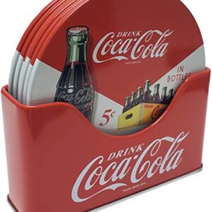 The Tin Box Company Coke 6 pc Coaster Set with Standing Metal Holder, Red