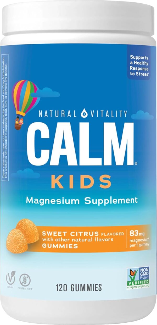 Natural Vitality Calm, Magnesium Citrate Kids Supplement, Stress Relief Gummies, Supports a Healthy Response to Stress, Gluten Free, Vegan, Sweet Citrus, 120 Gummies - Image 9