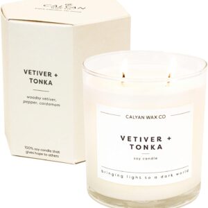 Calyan Wax Co. 2 Wick Candle, Vetiver + Tonka Scented Candle, 37 Hour Burn Time, Aromatherapy Soy Candles, Non Toxic & Vegan Soy Wax, Glass Tumbler Scented Candles, 12.5oz