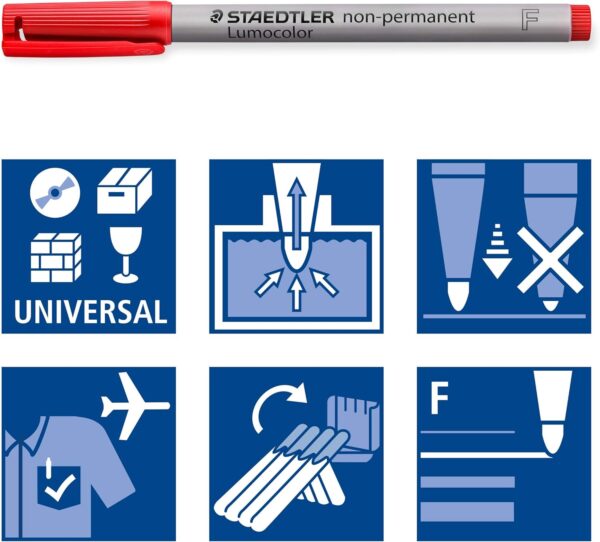 Staedtler Lumograph Non-Permanent Wet Erase Marker Pens, Fine Tip Refillable Colored Marker, Red, 315-2 - Image 4