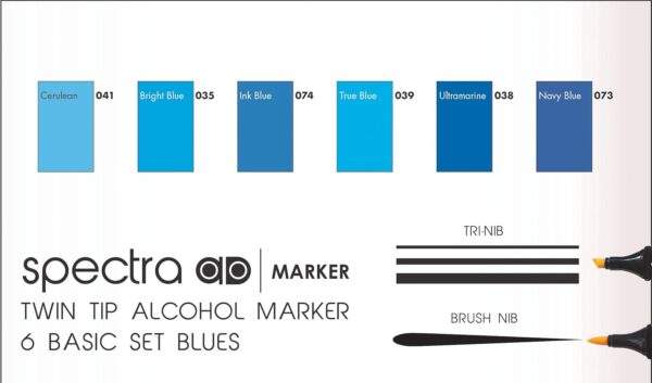 AD Marker Chartpak Spectra Set in Plastic Case, Tri-Nib and Brush Dual-Tip, 6 Assorted Blue Colors (SBLUES6AD) - Image 3