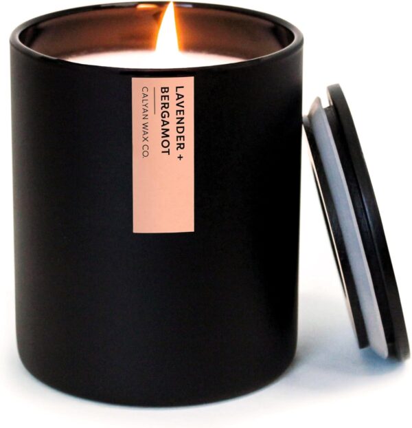 Calyan Wax Co. Soy Wax Candle, Lavender + Bergamot Scented Candle, 75 Hour Burn Time, Aromatherapy Soy Candles, Non Toxic & Vegan Soy Wax, Black Tumbler Scented Candles, 13oz