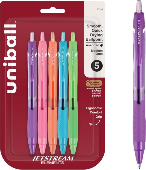 Uniball Jetstream Elements 5 Pack, 1.0mm Medium Assorted, Wirecutter Best Pen, Ballpoint Pens, Ballpoint Ink Pens | Office Supplies, Ballpoint Pen, Colored Pens, Fine Point, Smooth Writing Pens