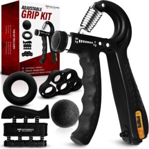 Hand Strength Kit With Finger Exerciser, Stretcher, Forearm Grip Adjustable Gripper, Exercise Ring and Stress Relief Ball for Athletes Muscle Trainer. Black