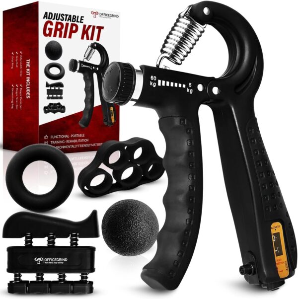 Hand Strength Kit With Finger Exerciser, Stretcher, Forearm Grip Adjustable Gripper, Exercise Ring and Stress Relief Ball for Athletes Muscle Trainer. Black