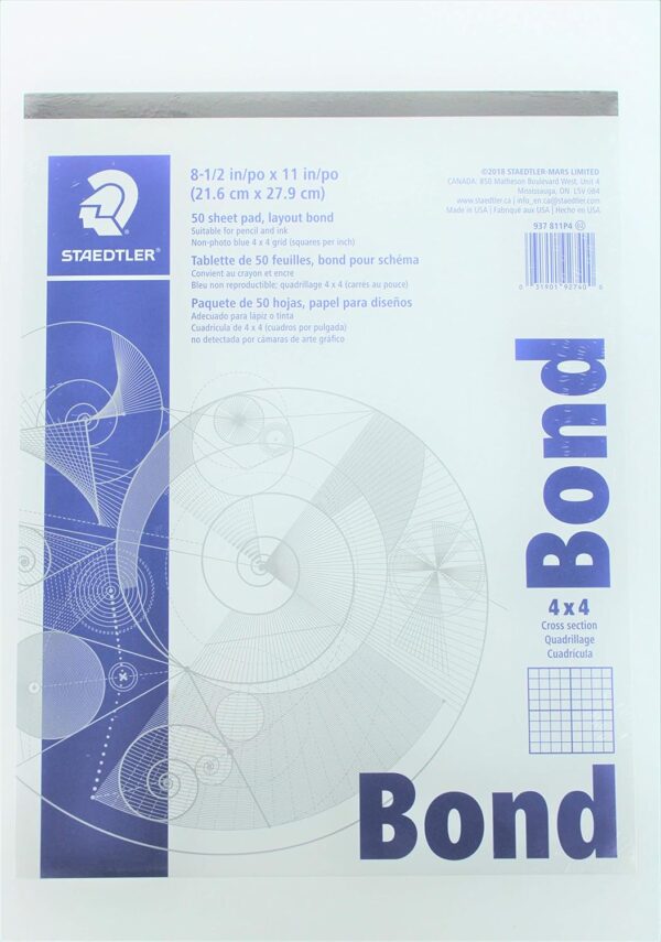 Staedtler(R) Bond Paper, 8 1/2in. x 11in, 4 x 4, White with Blue Grid, 50 Sheets