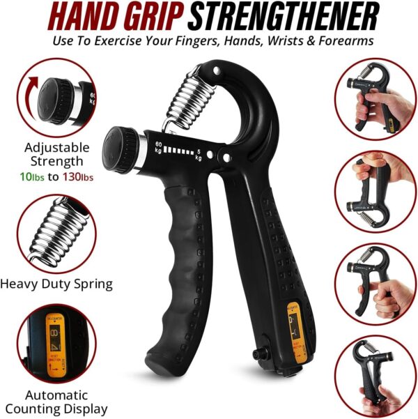 Hand Strength Kit With Finger Exerciser, Stretcher, Forearm Grip Adjustable Gripper, Exercise Ring and Stress Relief Ball for Athletes Muscle Trainer. Black - Image 2