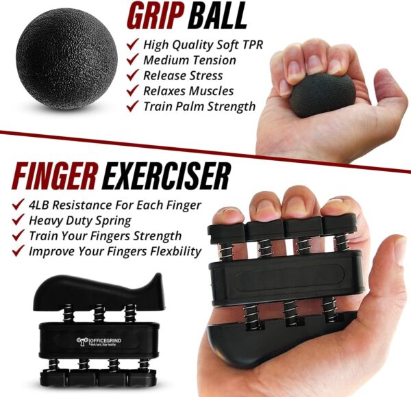 Hand Strength Kit With Finger Exerciser, Stretcher, Forearm Grip Adjustable Gripper, Exercise Ring and Stress Relief Ball for Athletes Muscle Trainer. Black - Image 3