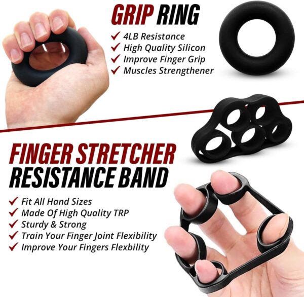 Hand Strength Kit With Finger Exerciser, Stretcher, Forearm Grip Adjustable Gripper, Exercise Ring and Stress Relief Ball for Athletes Muscle Trainer. Black - Image 4