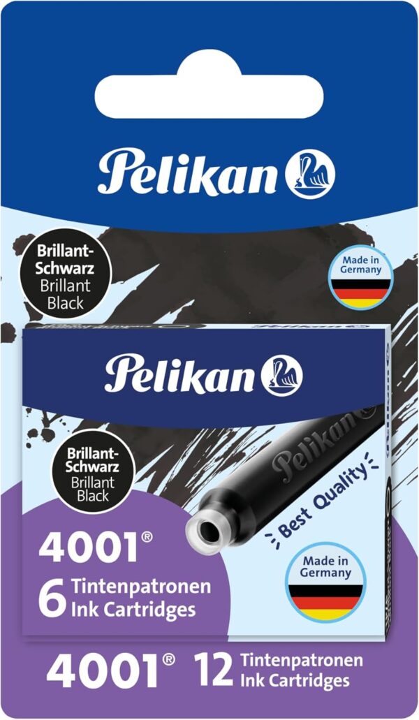 Pelikan 4001 TP/6 Ink Cartridges for Fountain Pens, Brilliant Black, 0.8ml, 12 Pack (330803)